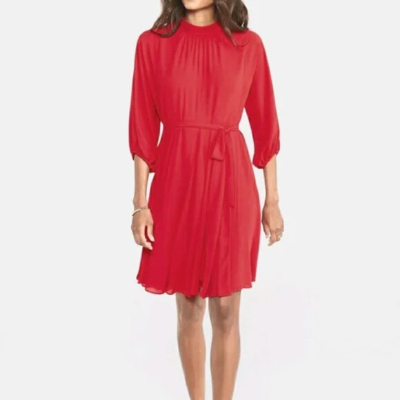 ANN TAYLOR Mock Neck Belted Career Red Flowy Knee Length Dress Size Medium - Picture 1 of 5